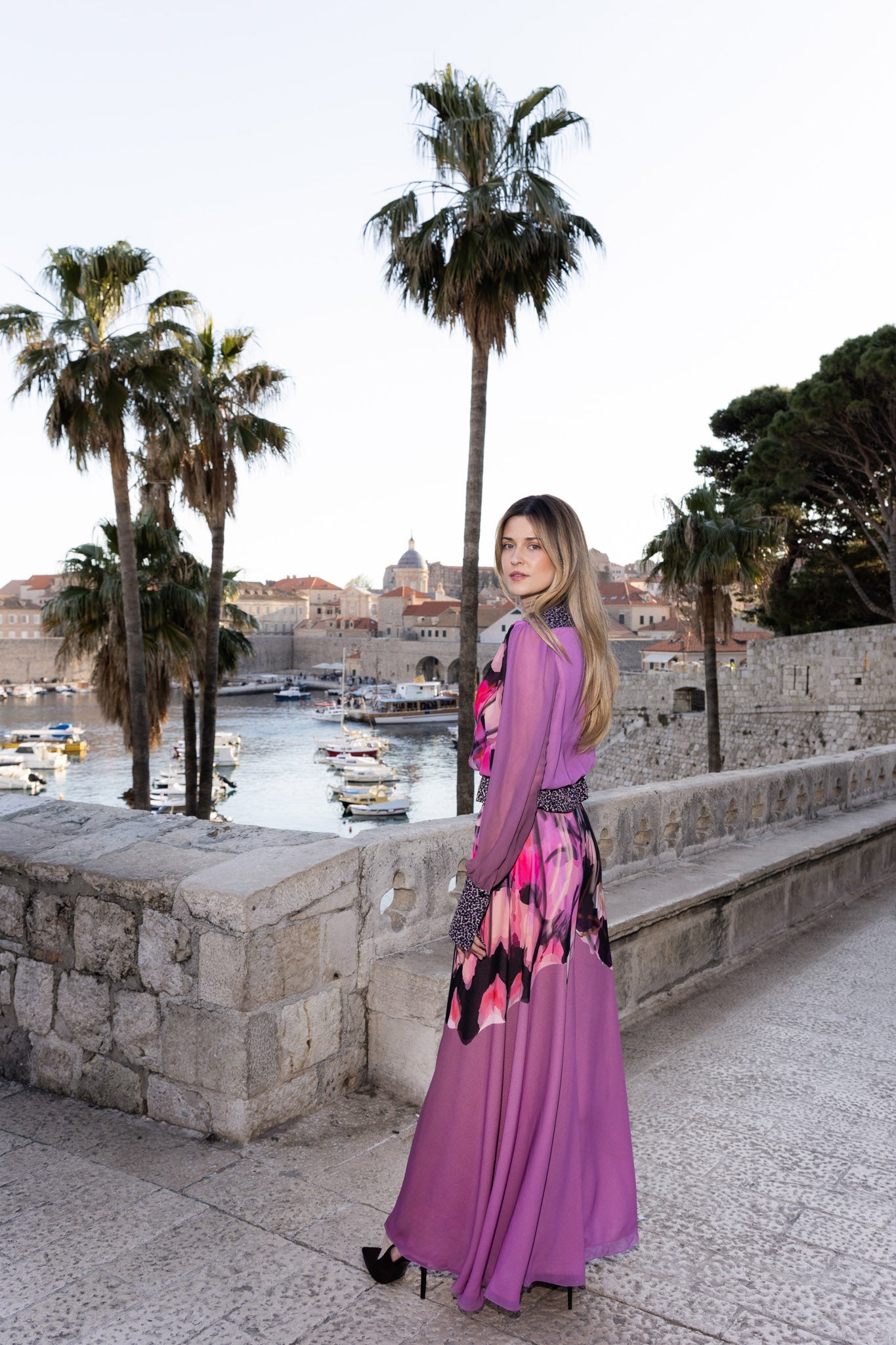 Brown and Rose Pink Butterfly Print Chiffon Wide Leg Trousers