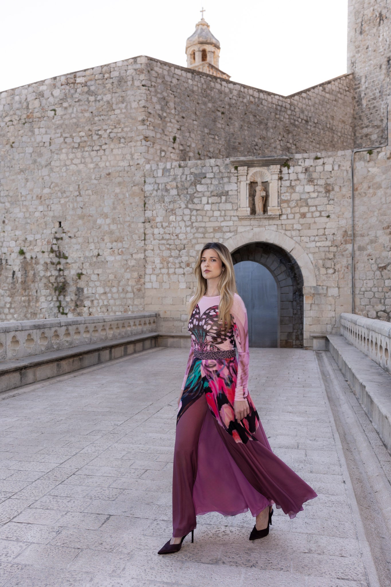 Brown and Rose Pink Butterfly Print Chiffon Wide Leg Trousers