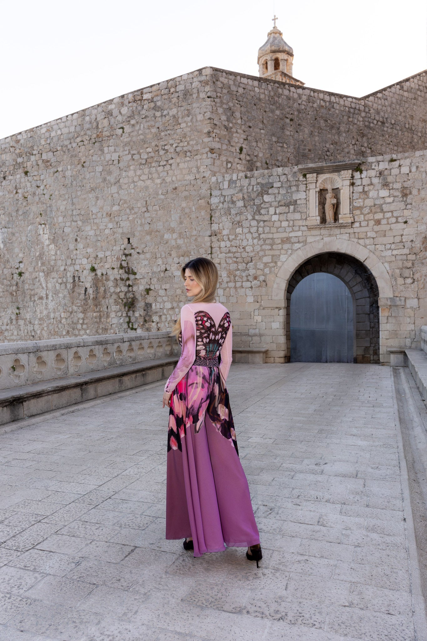 Brown and Rose Pink Butterfly Print Chiffon Wide Leg Trousers