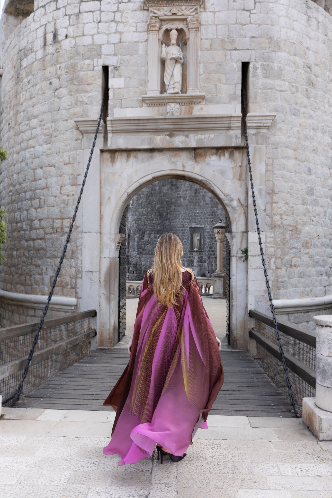 Brown and Rose Pink Custom Printed Chiffon Abaya Cape
