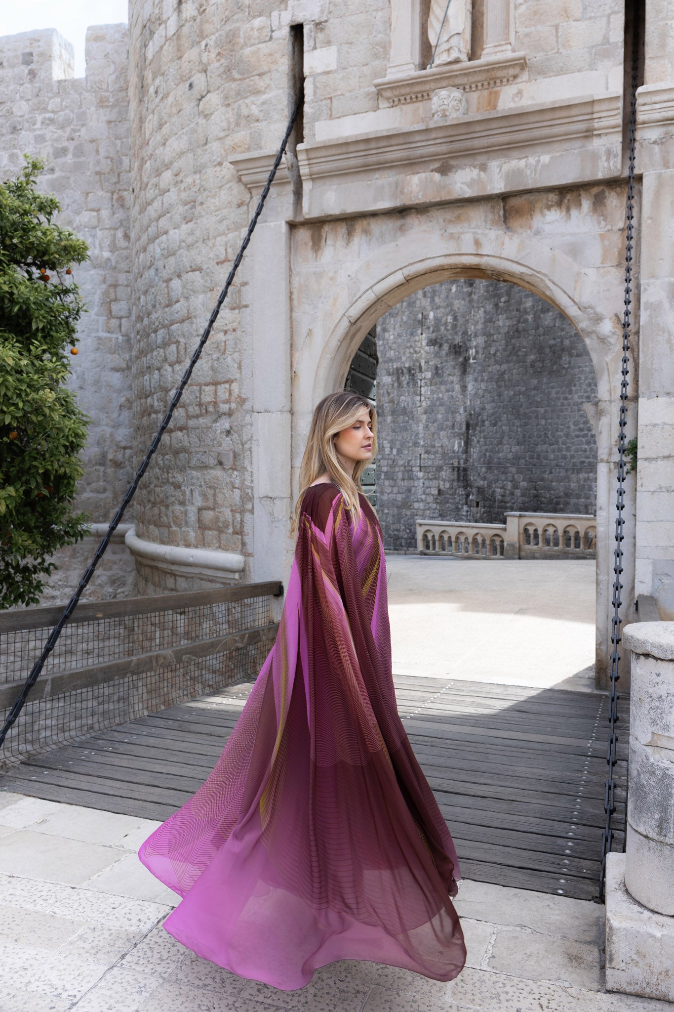 Brown and Rose Pink Custom Printed Chiffon Abaya Cape