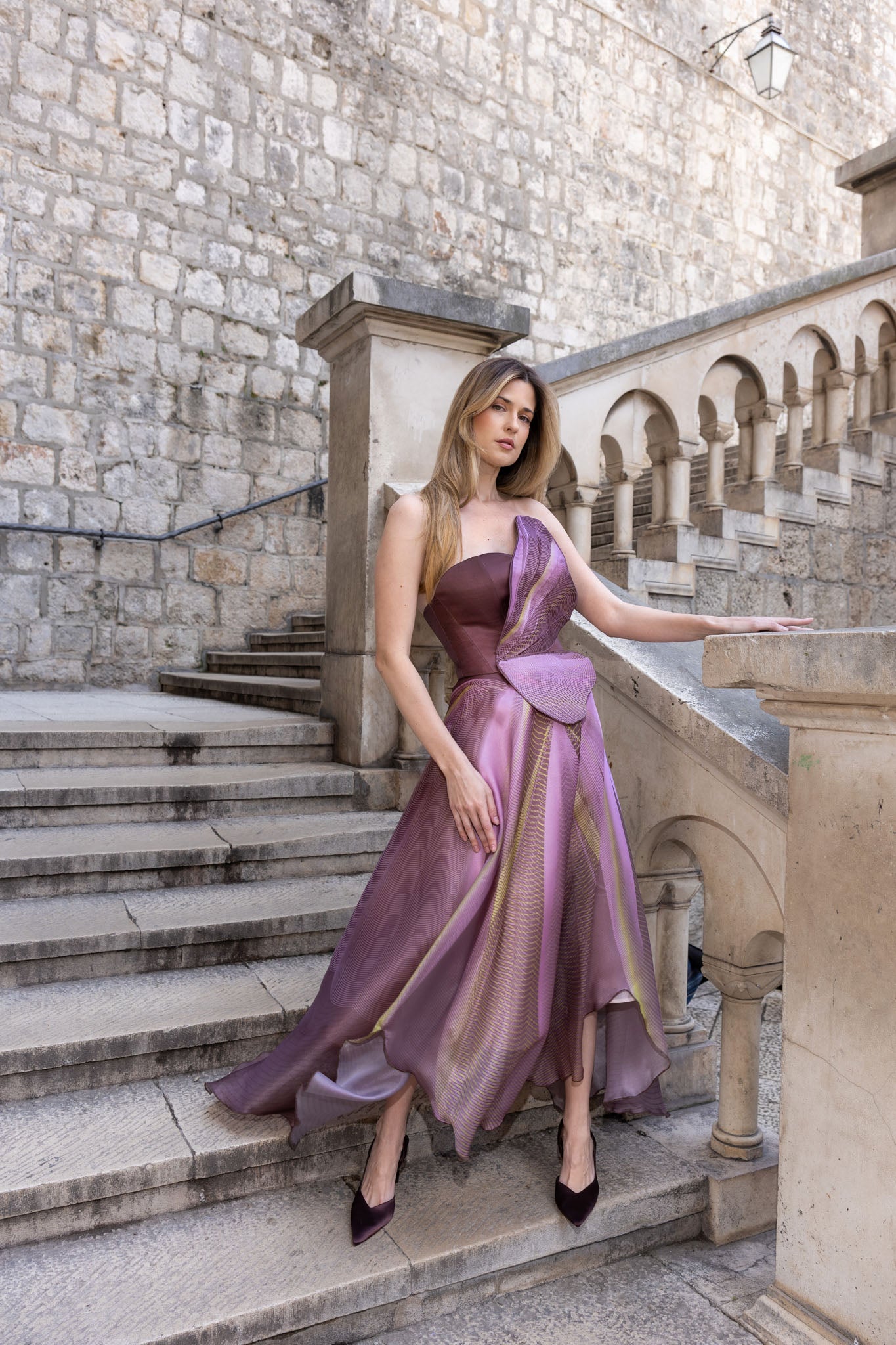 Brown and Rose Pink Degradé Organza Strapless Gown with Butterfly Wing Front Detail