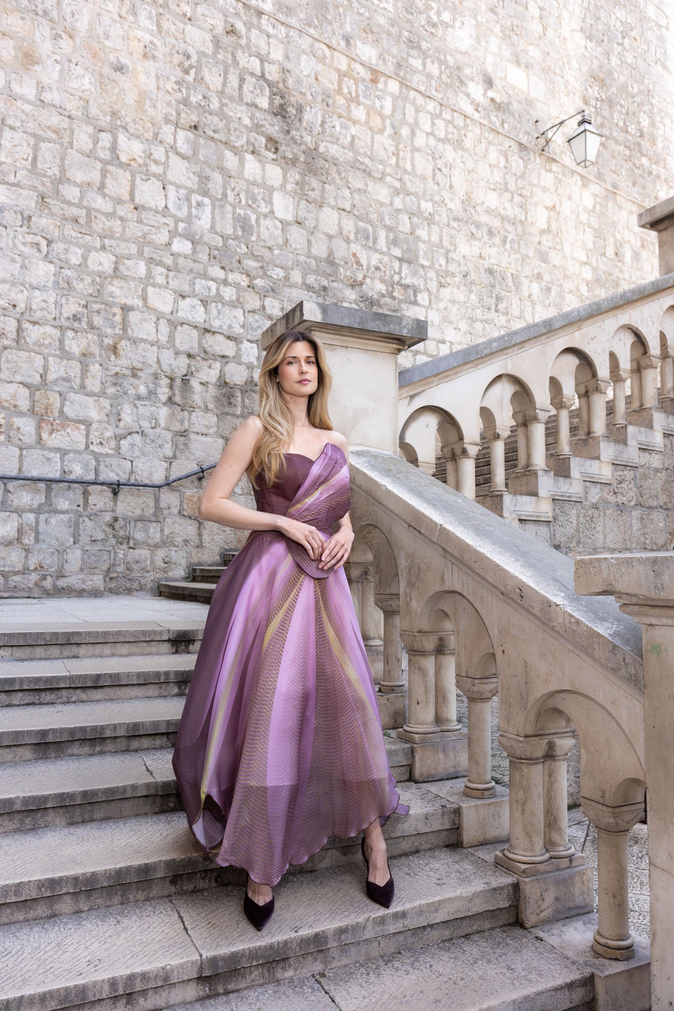 Brown and Rose Pink Degradé Organza Strapless Gown with Butterfly Wing Front Detail