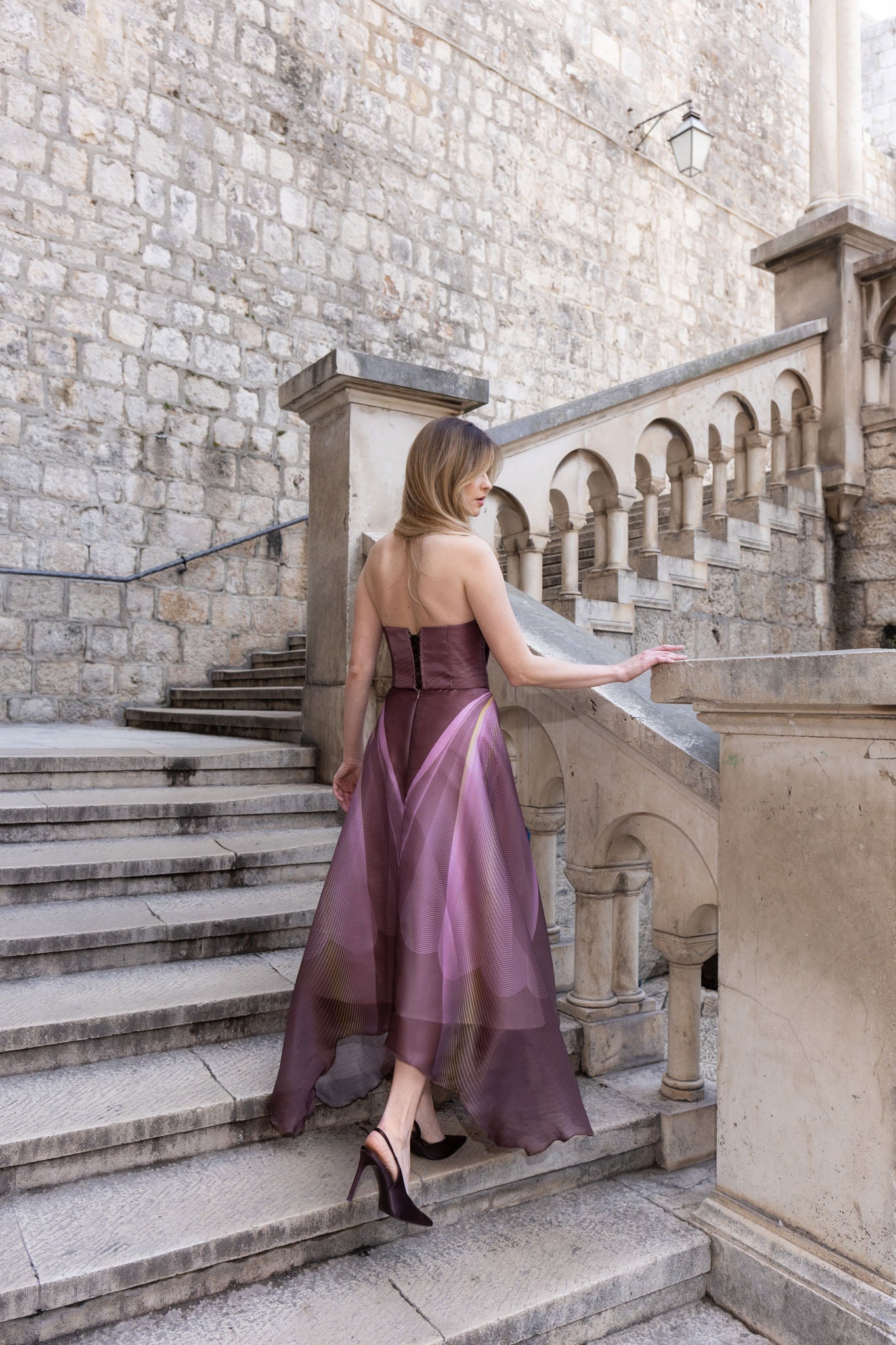 Brown and Rose Pink Degradé Organza Strapless Gown with Butterfly Wing Front Detail