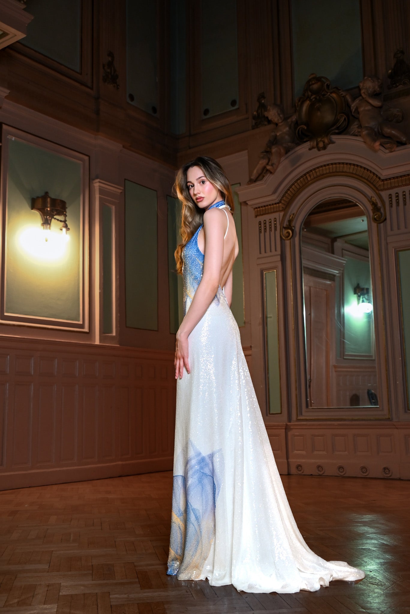 White, Blue and Yellow Lilium Bosniacum Sequin Dress