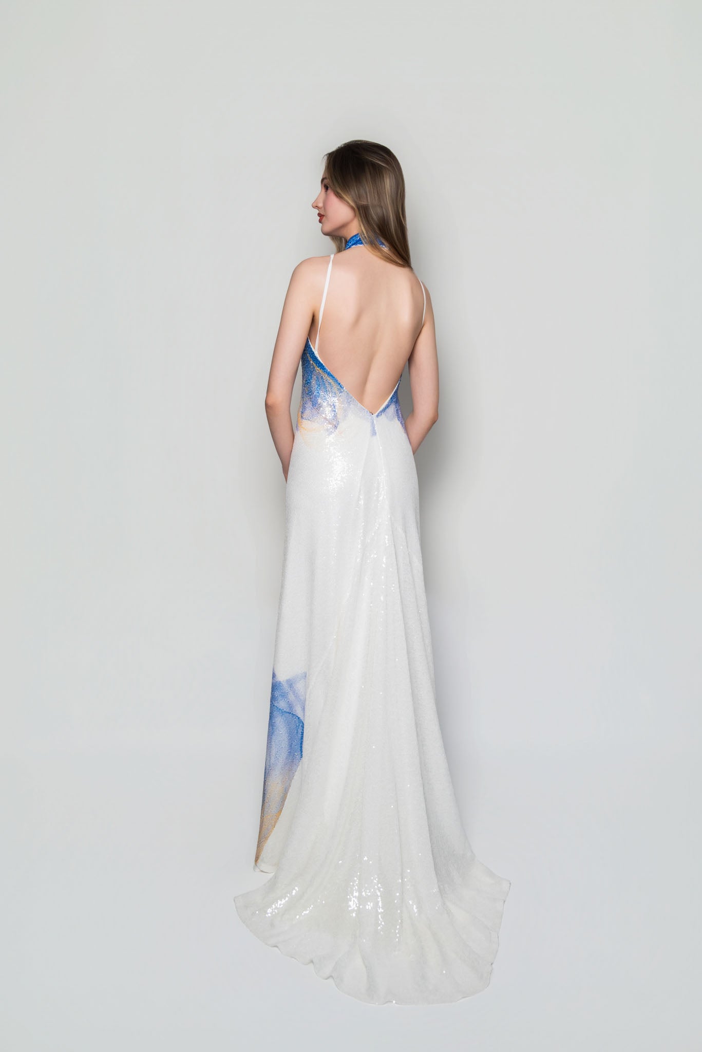 White, Blue and Yellow Lilium Bosniacum Sequin Dress