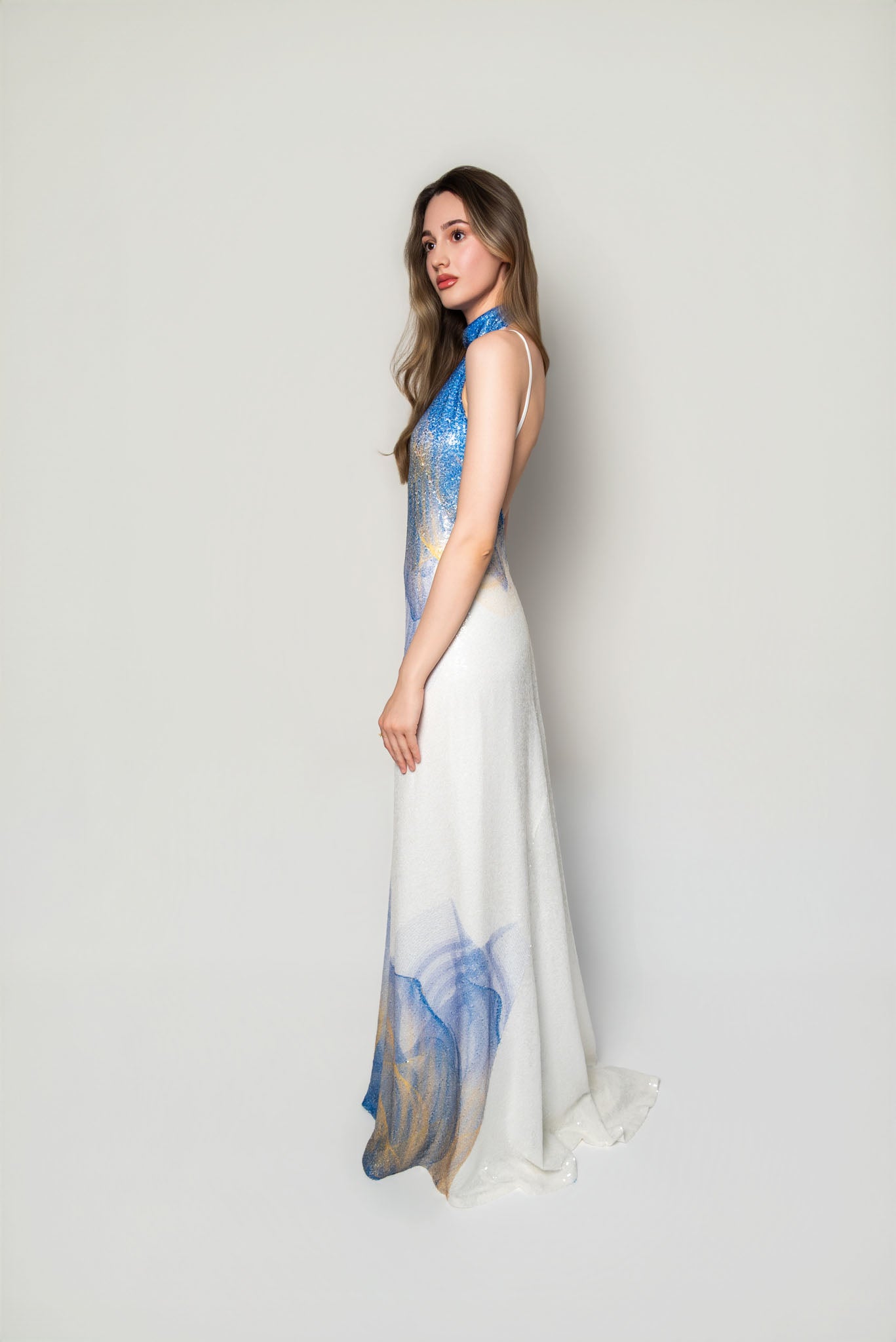 White, Blue and Yellow Lilium Bosniacum Sequin Dress