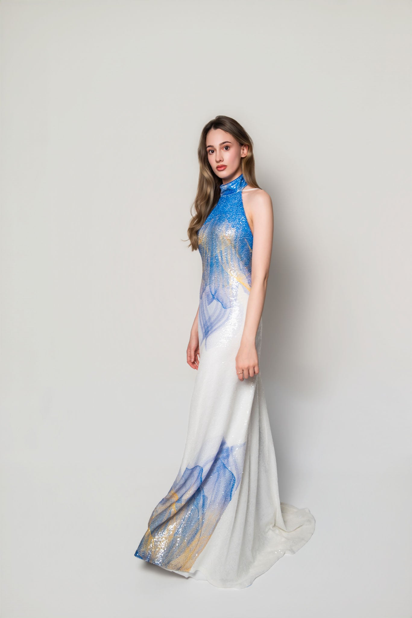 White, Blue and Yellow Lilium Bosniacum Sequin Dress