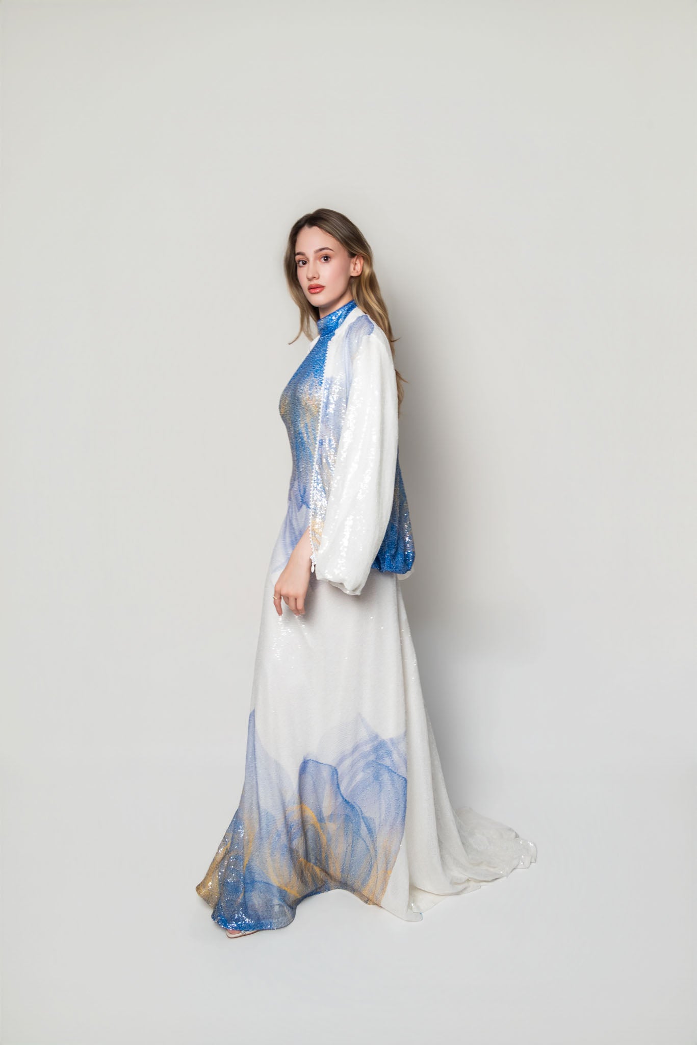 White, Blue and Yellow Lilium Bosniacum Sequin Dress