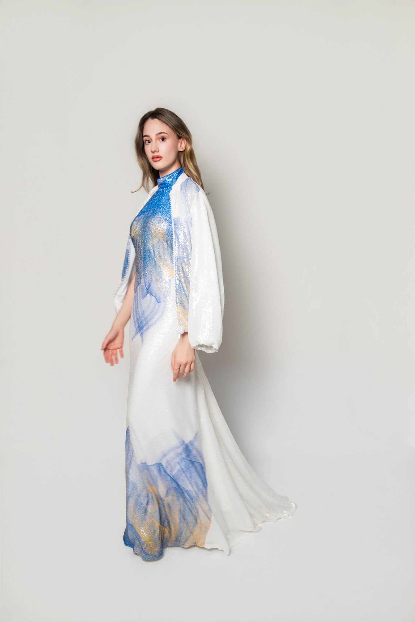 White, Blue and Yellow Lilium Bosniacum Sequin Bomber Jacket