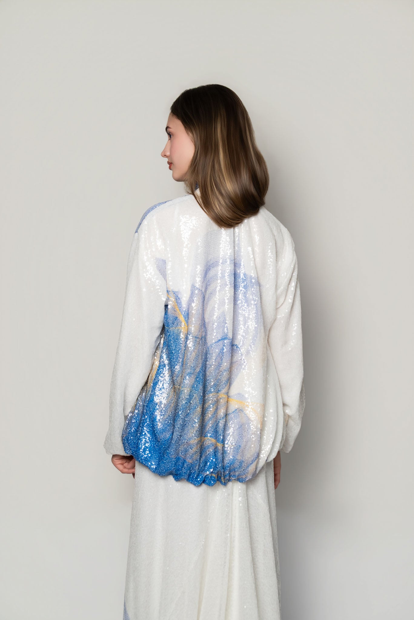 White, Blue and Yellow Lilium Bosniacum Sequin Bomber Jacket