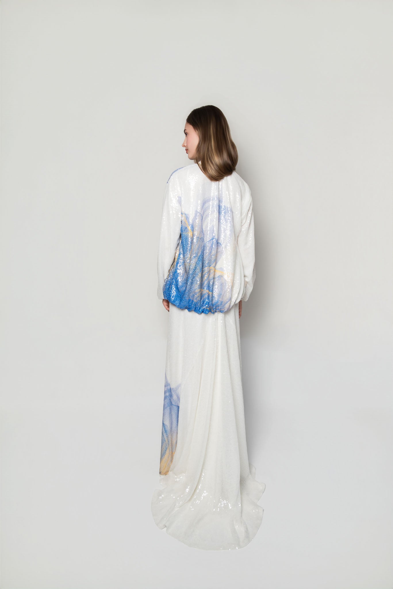 White, Blue and Yellow Lilium Bosniacum Sequin Bomber Jacket