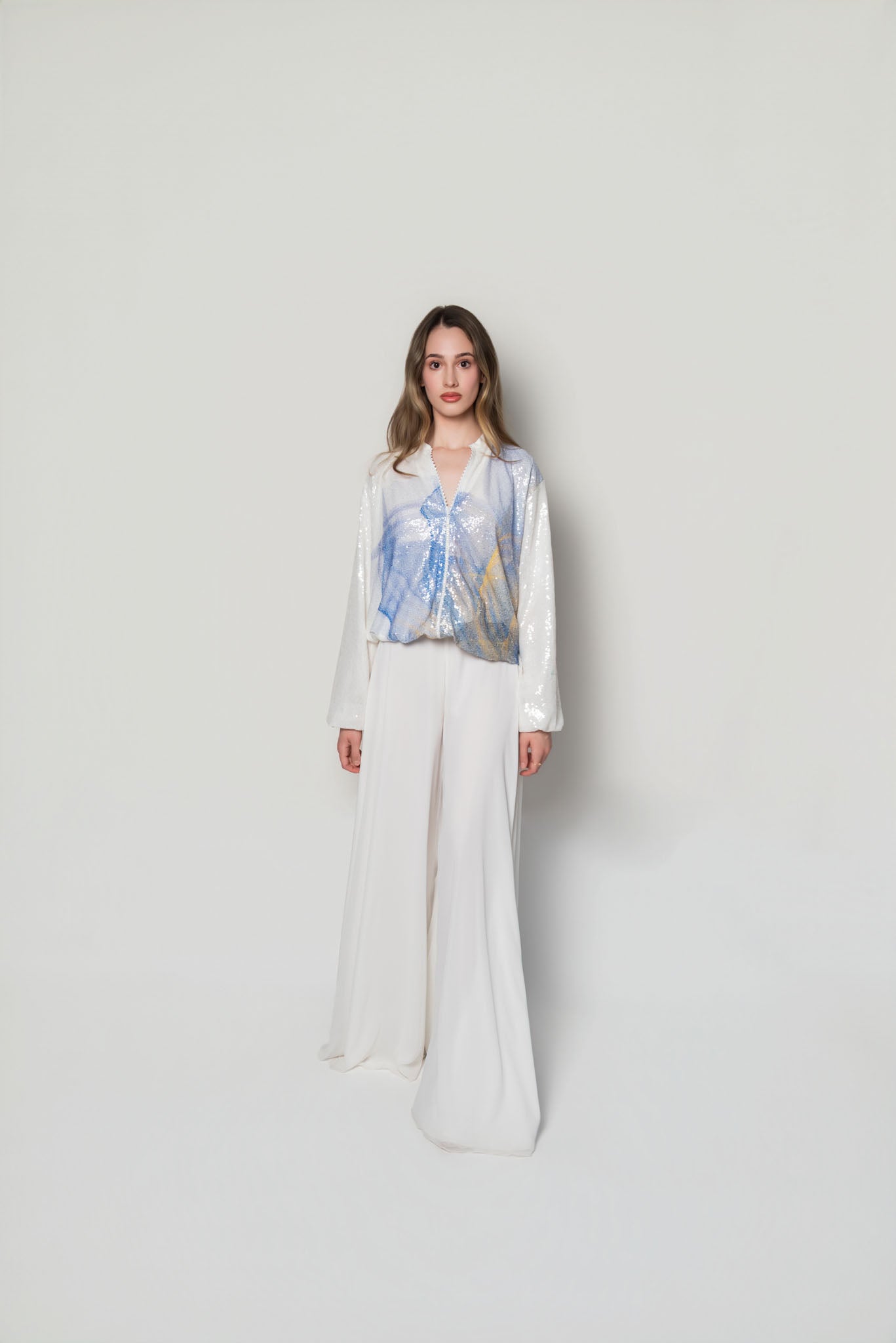 White, Blue and Yellow Lilium Bosniacum Sequin Bomber Jacket