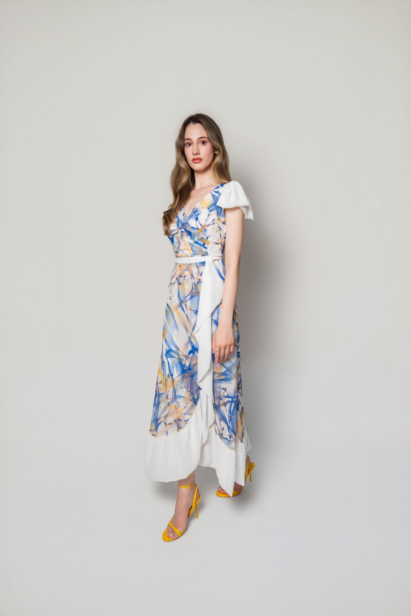 White, Blue and Yellow Lilium Bosniacum Bird Print Dress