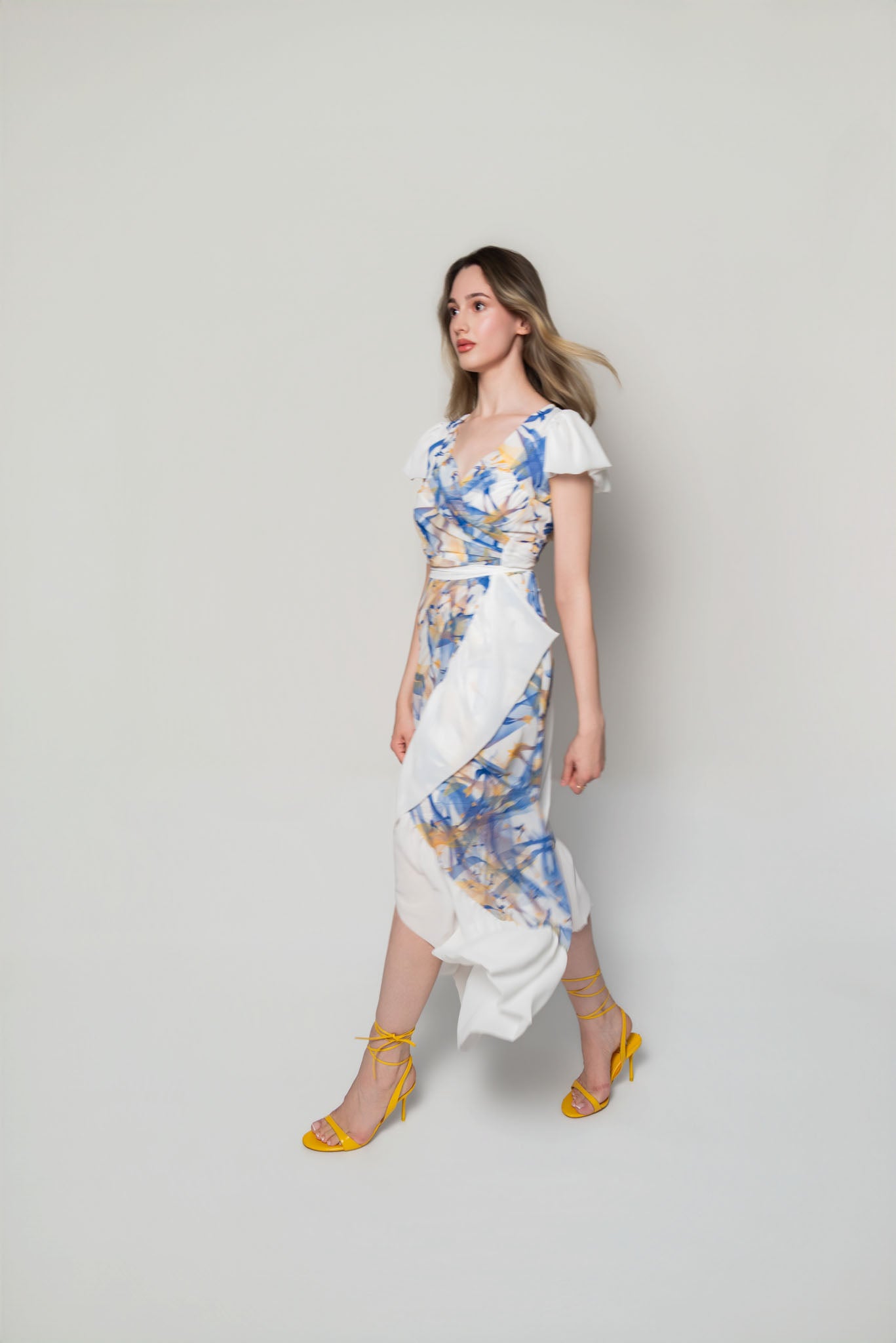 White, Blue and Yellow Lilium Bosniacum Bird Print Dress