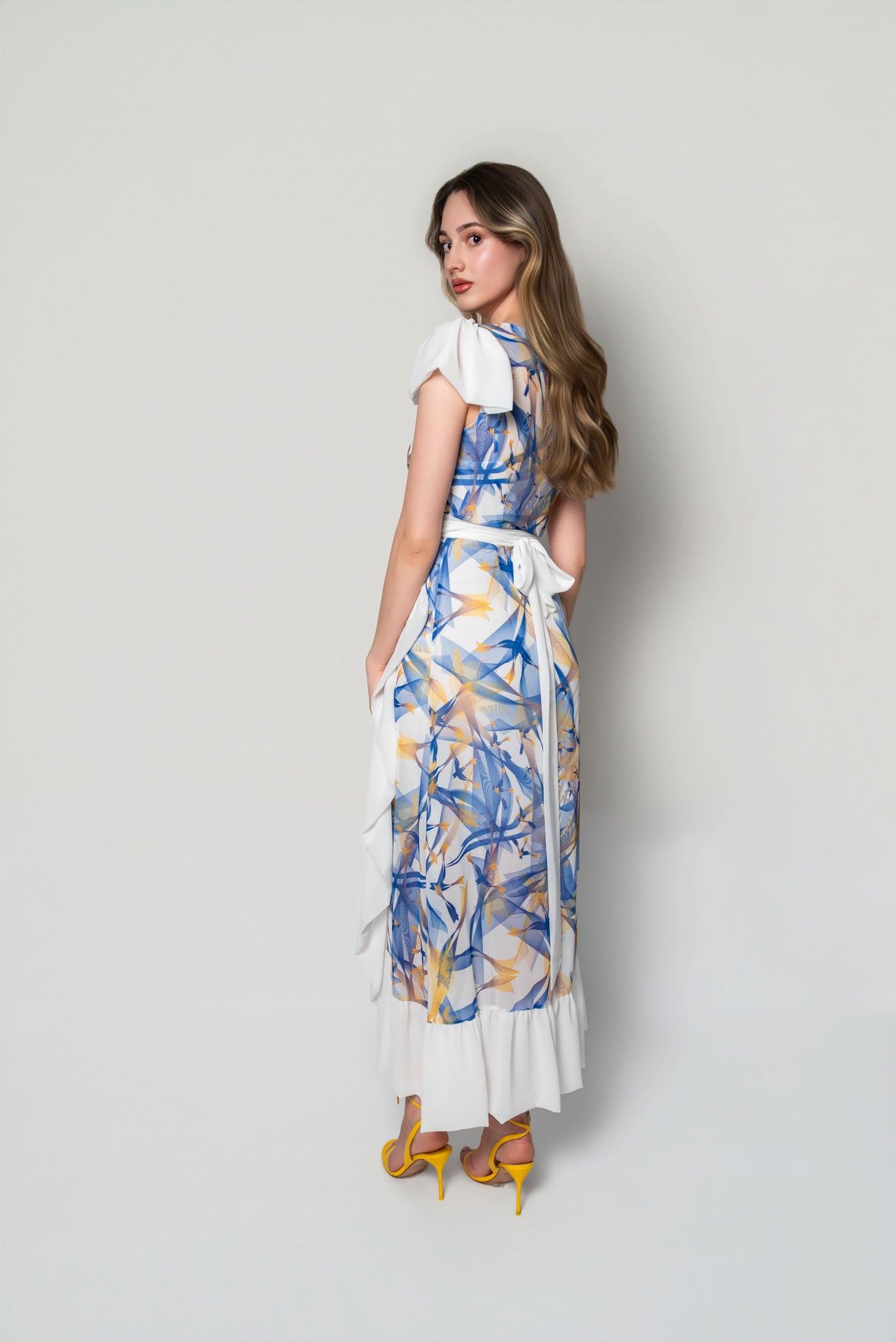 White, Blue and Yellow Lilium Bosniacum Bird Print Dress