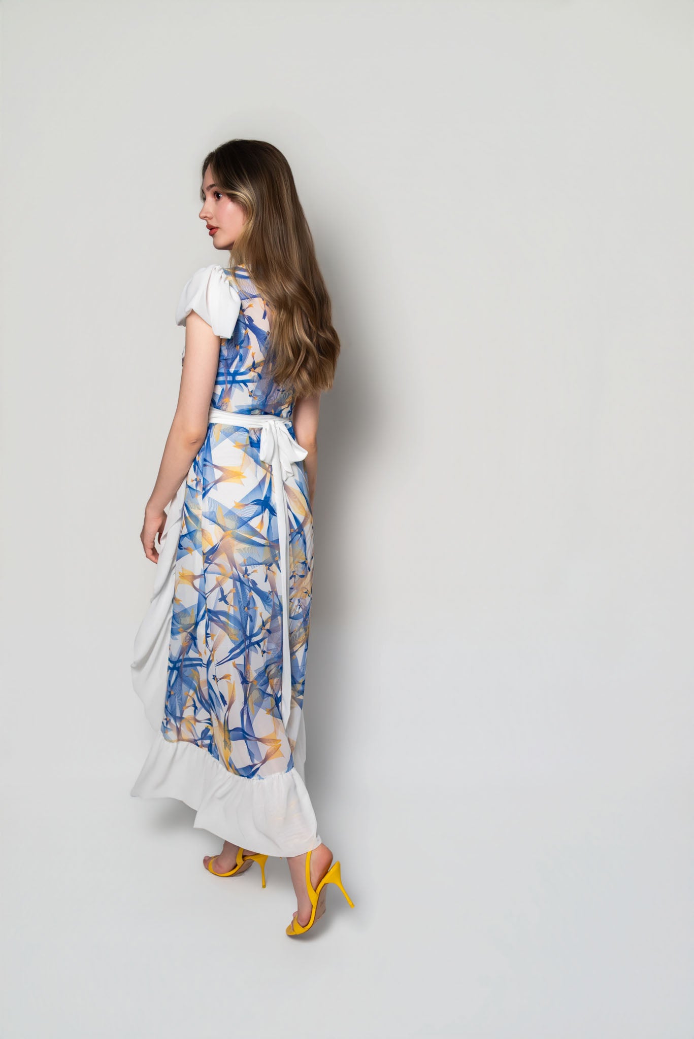 White, Blue and Yellow Lilium Bosniacum Bird Print Dress