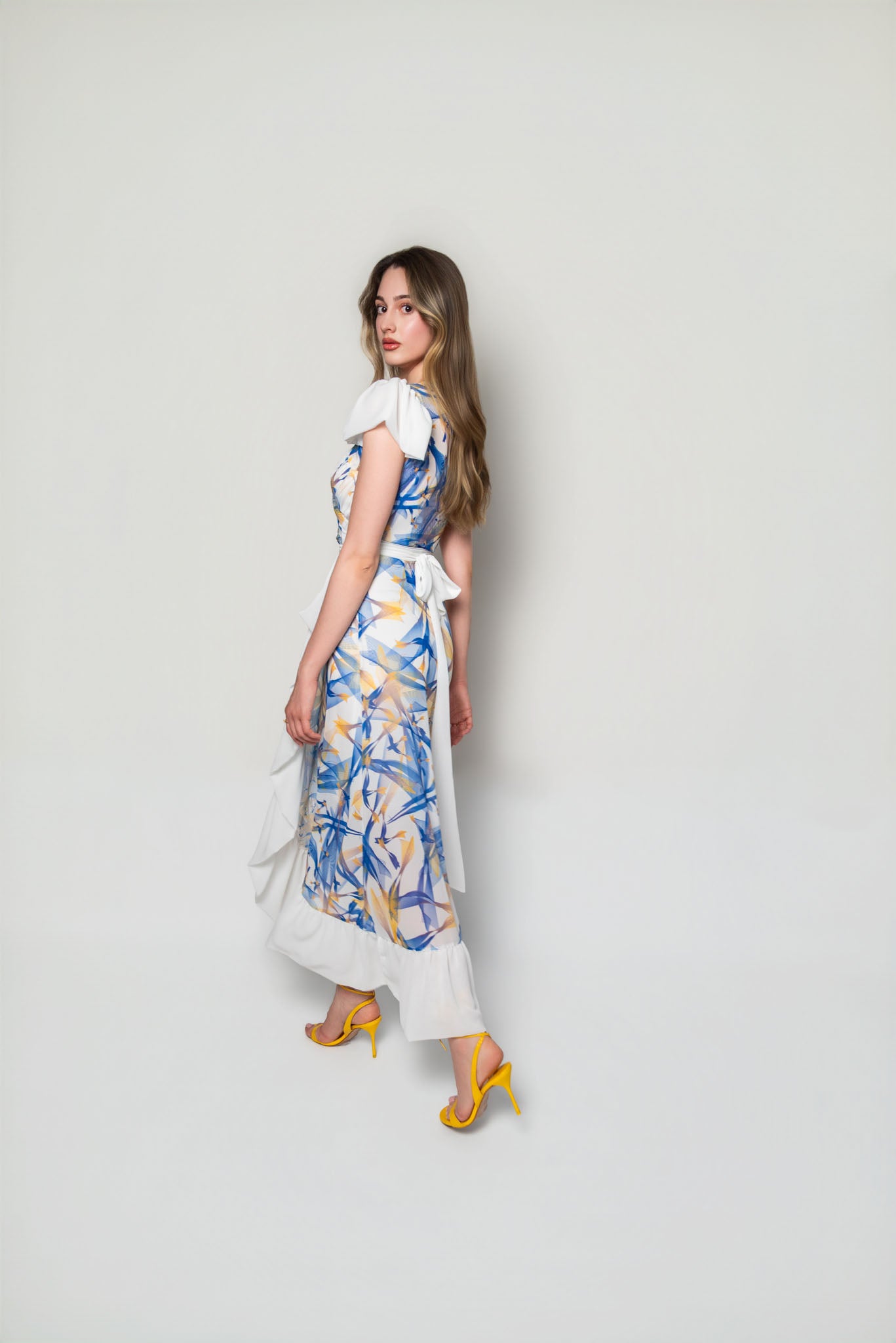 White, Blue and Yellow Lilium Bosniacum Bird Print Dress