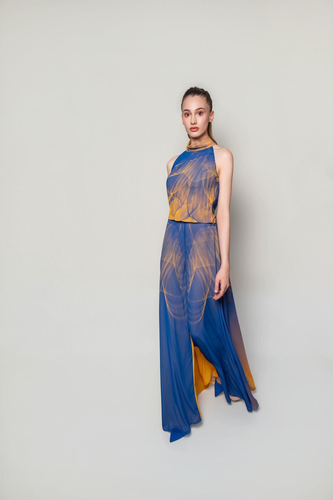 Blue and Yellow Lilium Bosniacum Sleeveless Turtleneck Chiffon Top