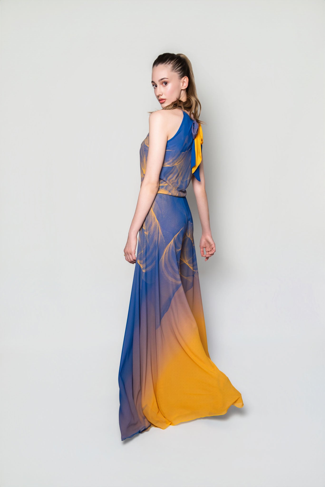 Blue and Yellow Lilium Bosniacum Sleeveless Turtleneck Chiffon Top