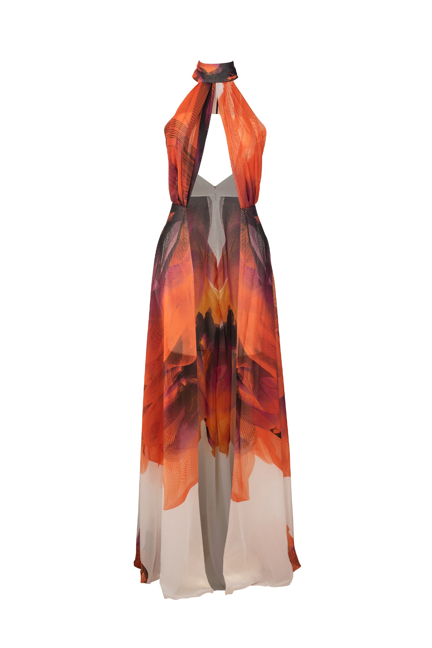 Black White Orange Plunging Neck Expanding Chiffon Dress