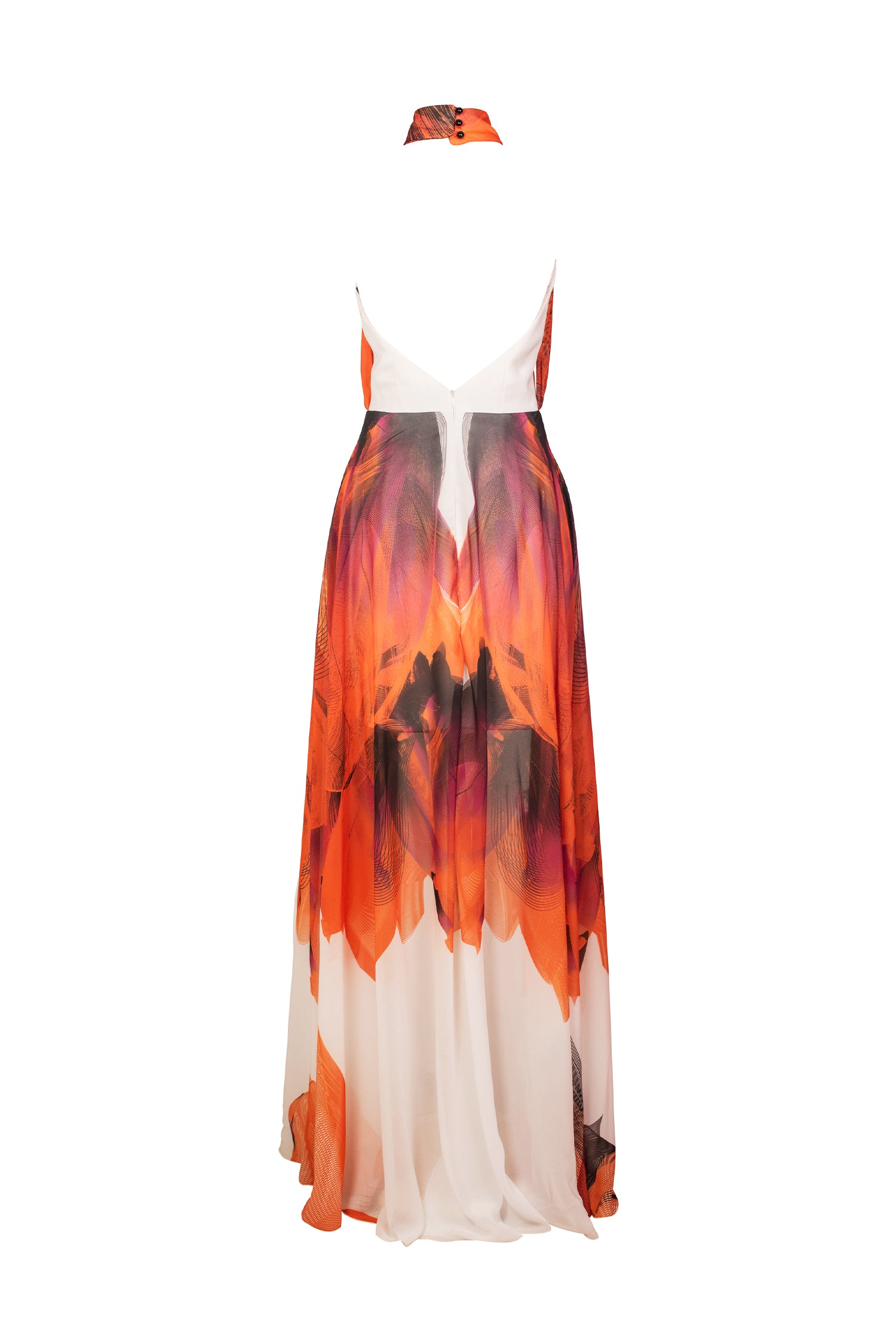 Black White Orange Plunging Neck Expanding Chiffon Dress