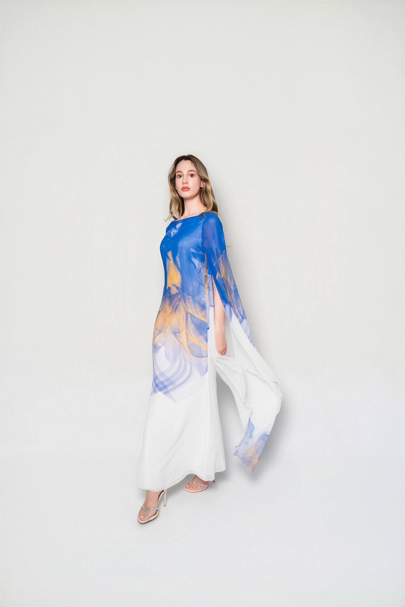 White, Blue and Yellow Lilium Bosniacum Print Chiffon Dress