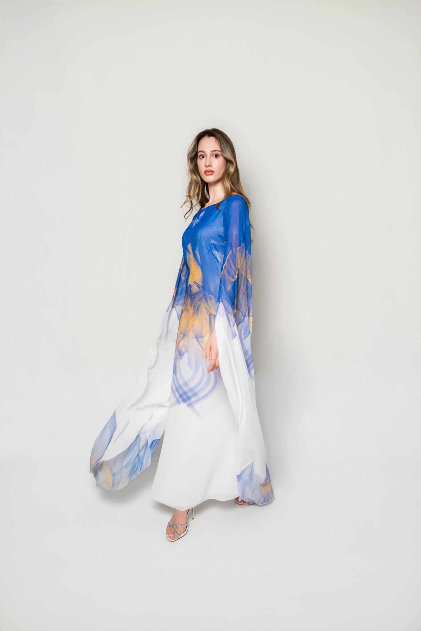 White, Blue and Yellow Lilium Bosniacum Print Chiffon Dress