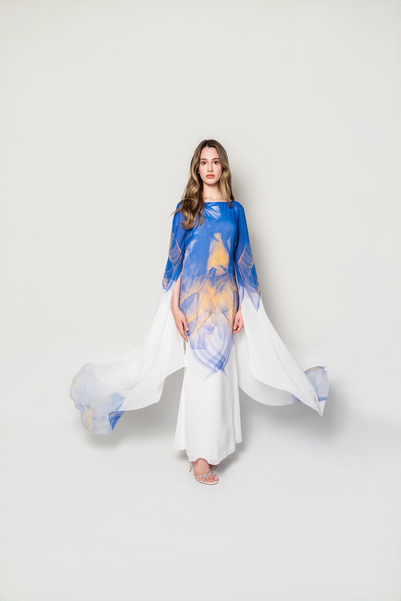 White, Blue and Yellow Lilium Bosniacum Print Chiffon Dress