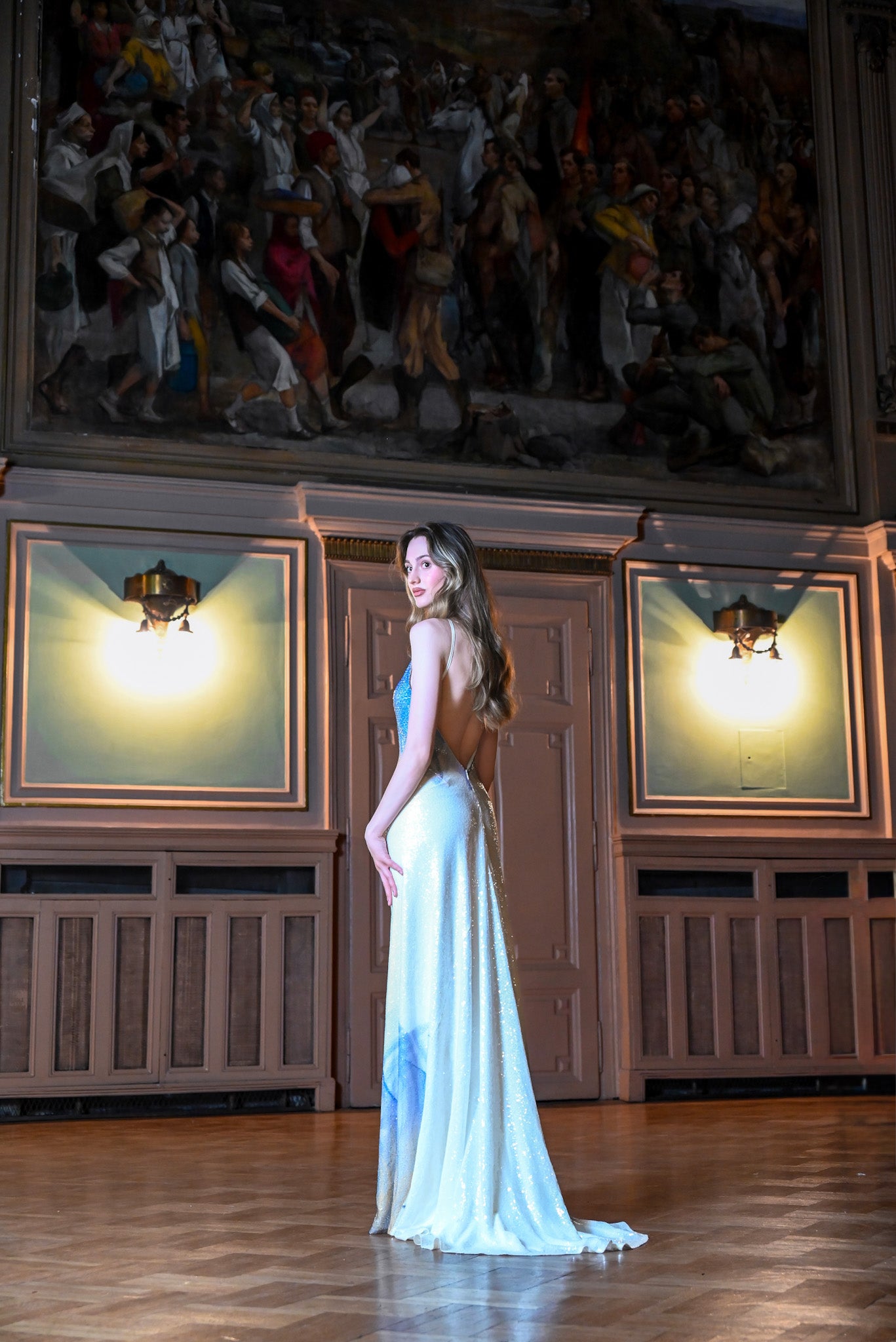 White, Blue and Yellow Lilium Bosniacum Sequin Dress