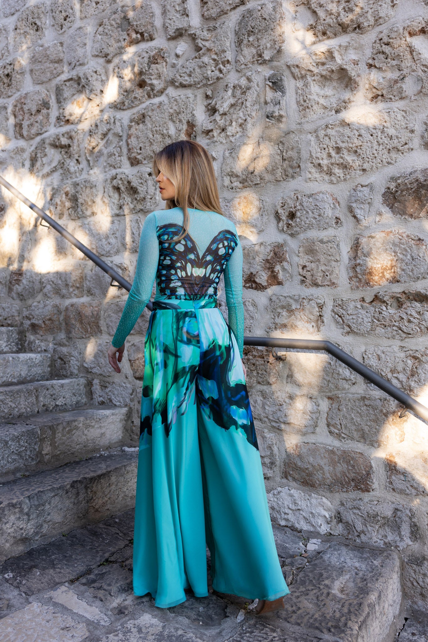 Green and Black Butterfly Print Chiffon Wide Leg Trousers
