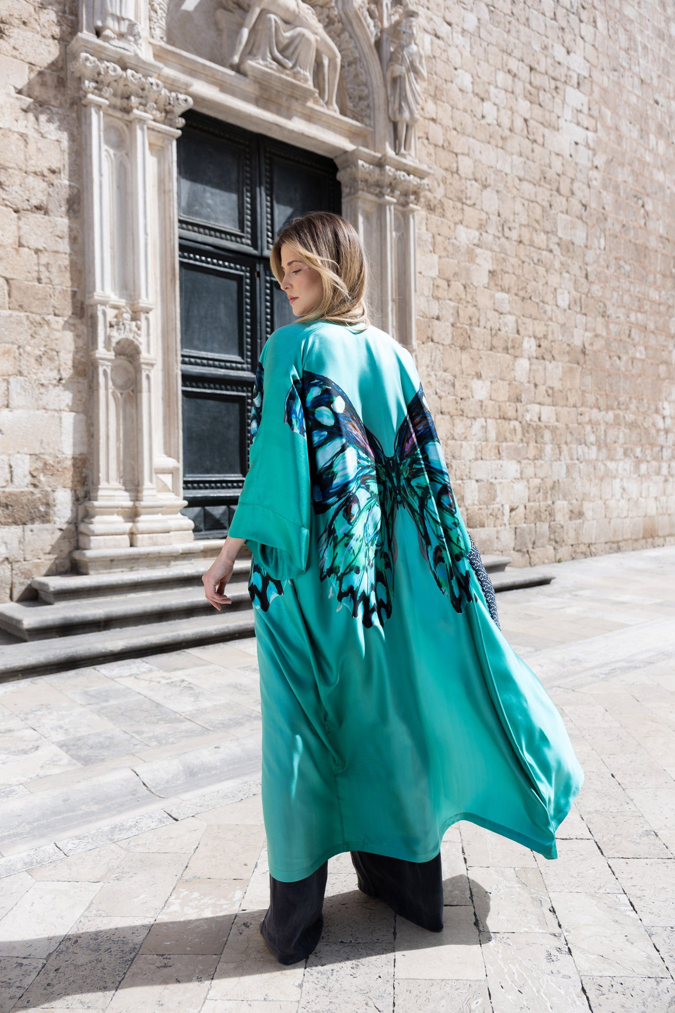 Green and Black Butterfly  Kimono Silk Dress