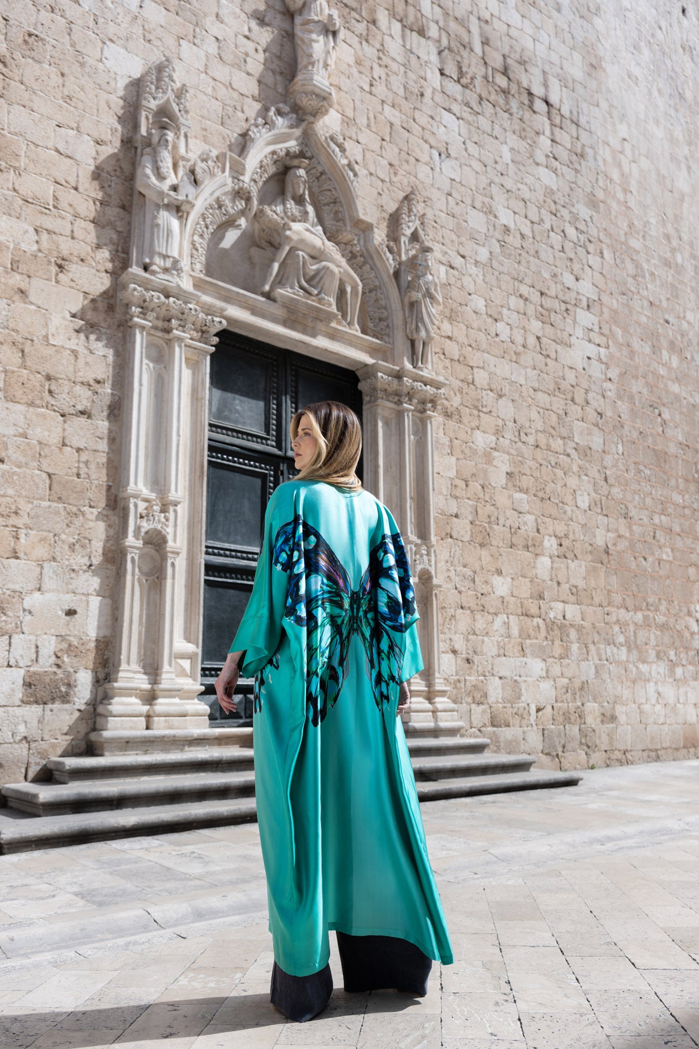 Green and Black Butterfly  Kimono Silk Dress