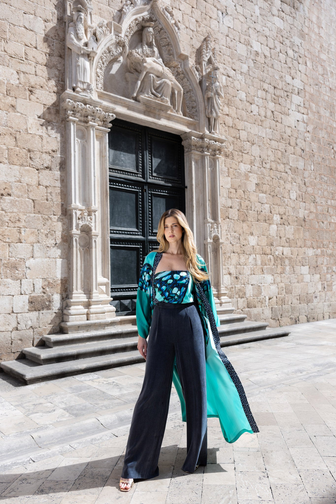 Green and Black Butterfly  Kimono Silk Dress