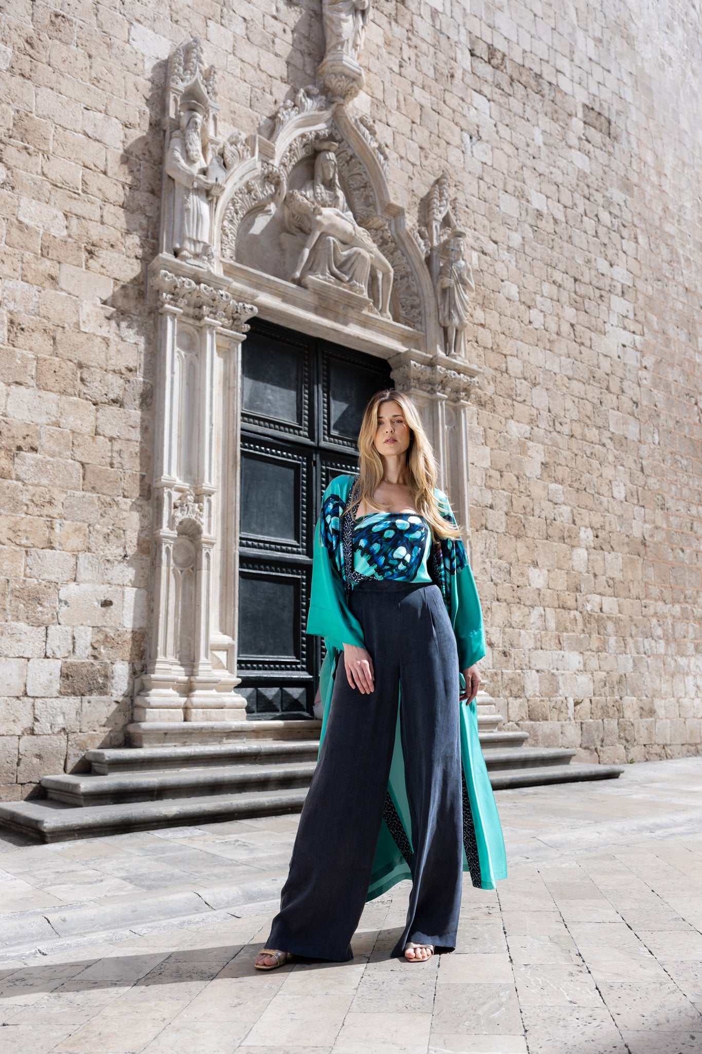 Green and Black Butterfly  Kimono Silk Dress