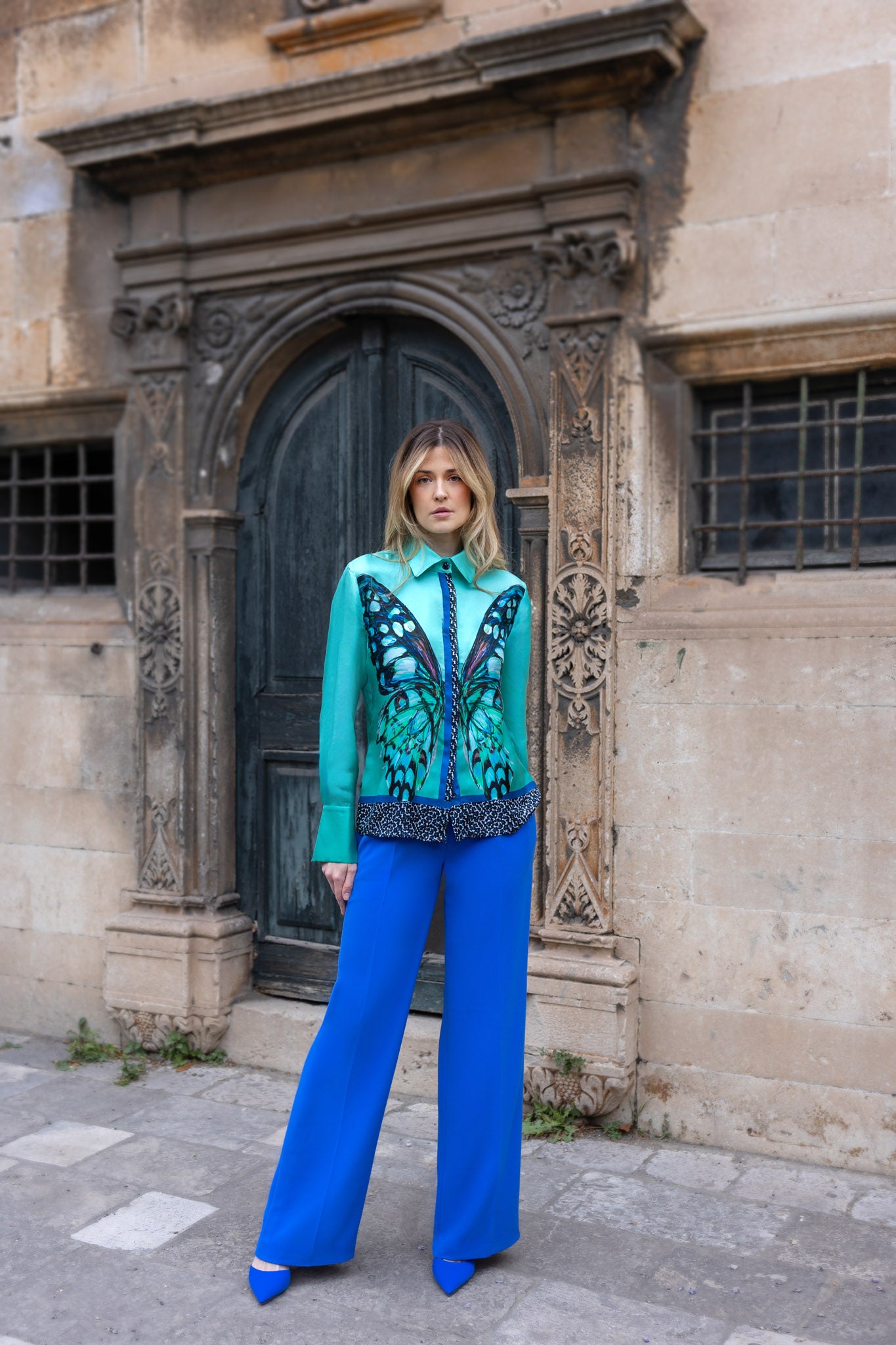 Green and Black  Butterfly Print Silk Shirt