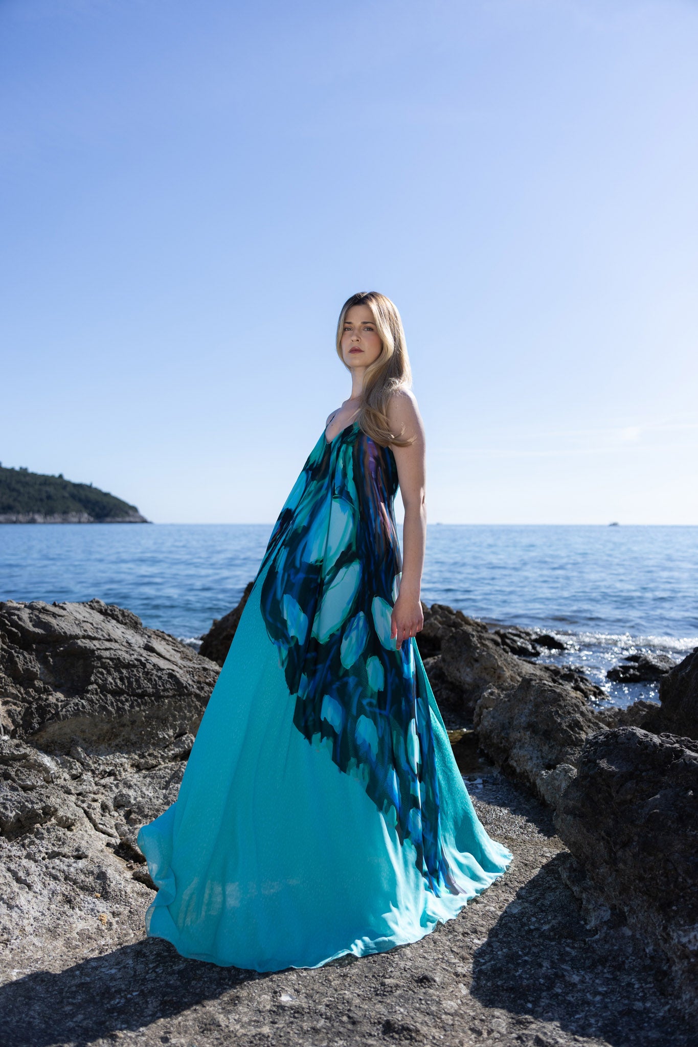 Green and Black Butterfly Chiffon Maxi Dress
