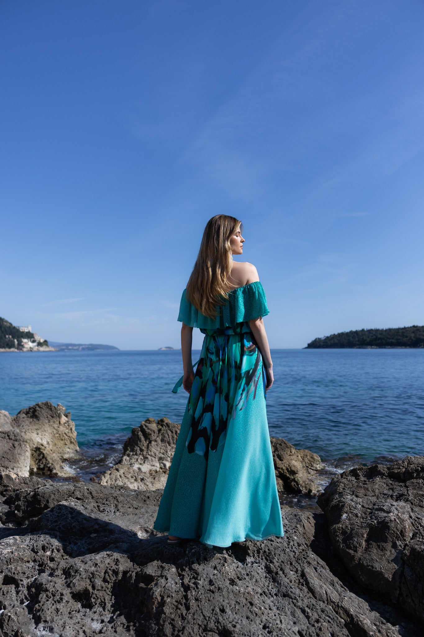 Green and Black Off Shoulder Maxi Dress