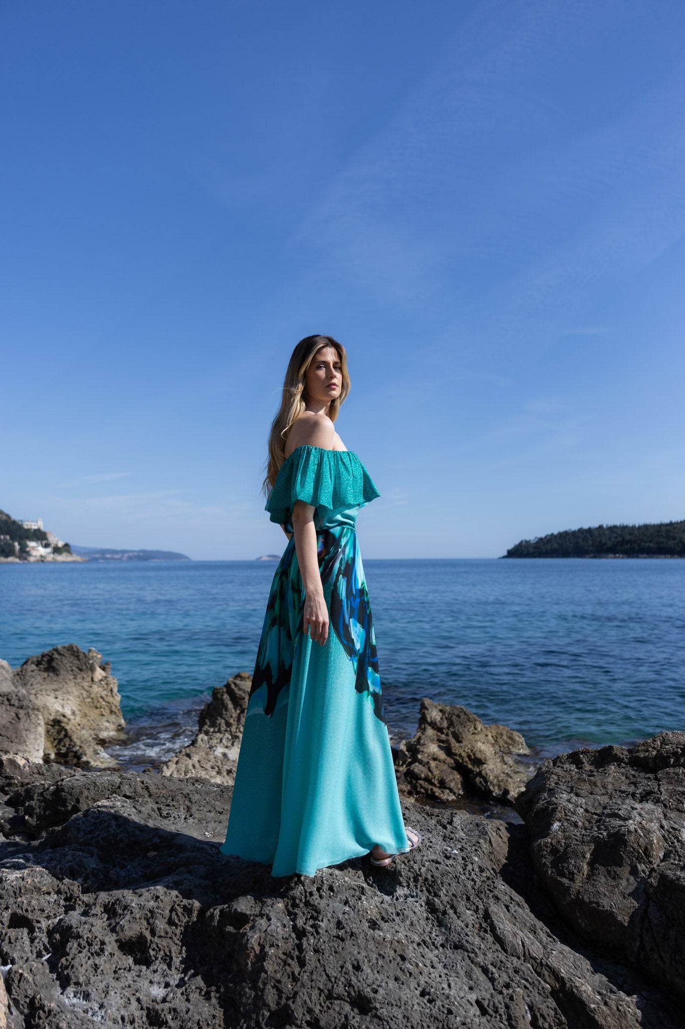 Green and Black Off Shoulder Maxi Dress