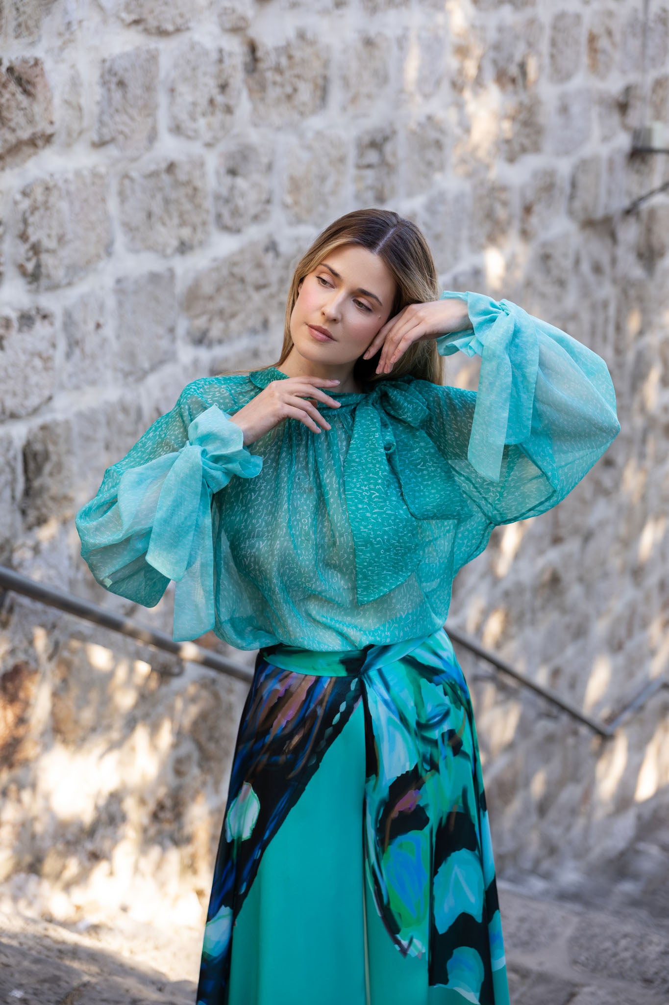 Green and White Bosančica  Letters Print Long Sleeve Chiffon Shirt