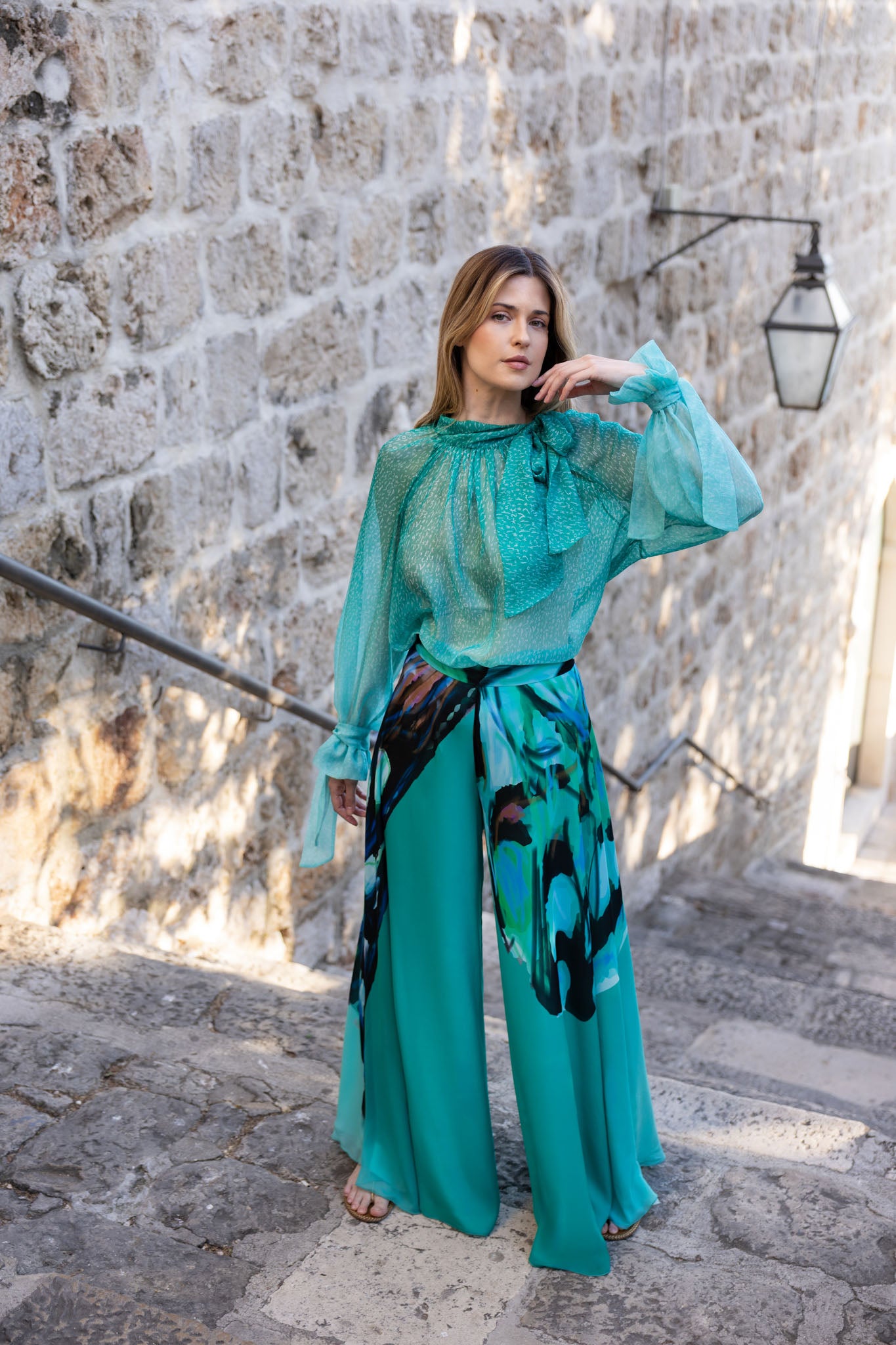 Green and White Bosančica  Letters Print Long Sleeve Chiffon Shirt