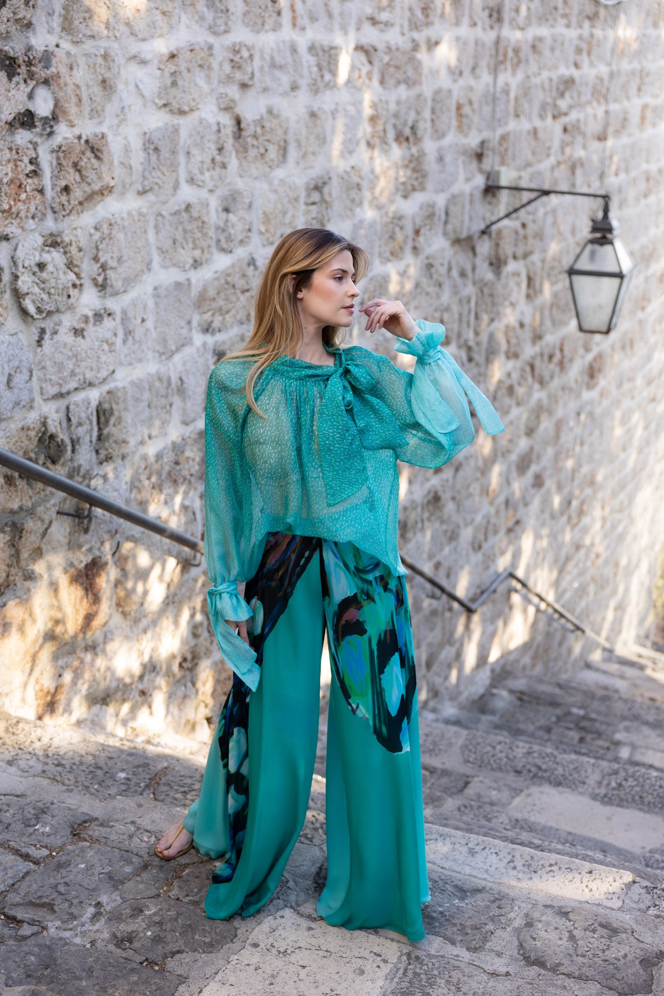 Green and Black Butterfly Print Chiffon Wide Leg Trousers
