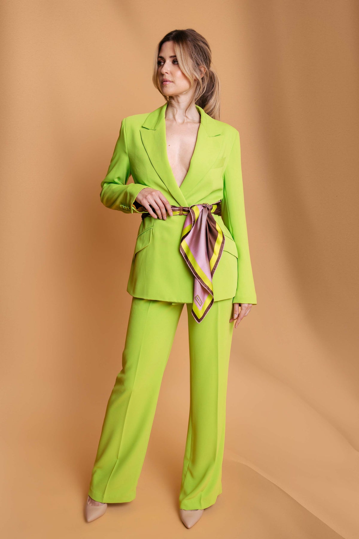 Lime Green Crepe Double Breasted Blazer