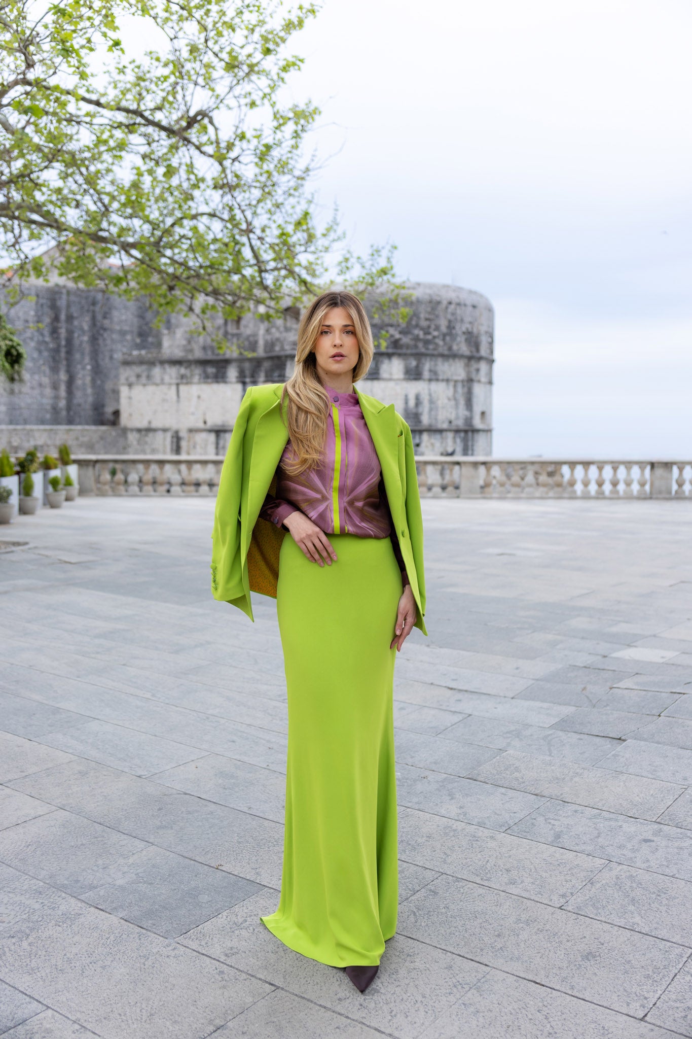 Lime Green Crepe Maxi Skirt