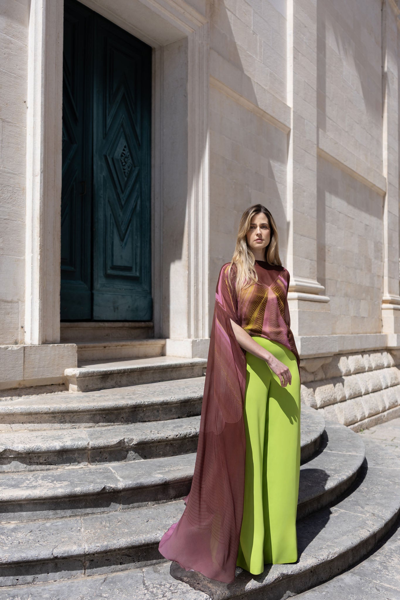 Lime Green Crepe Pleated Straight Leg Trousers