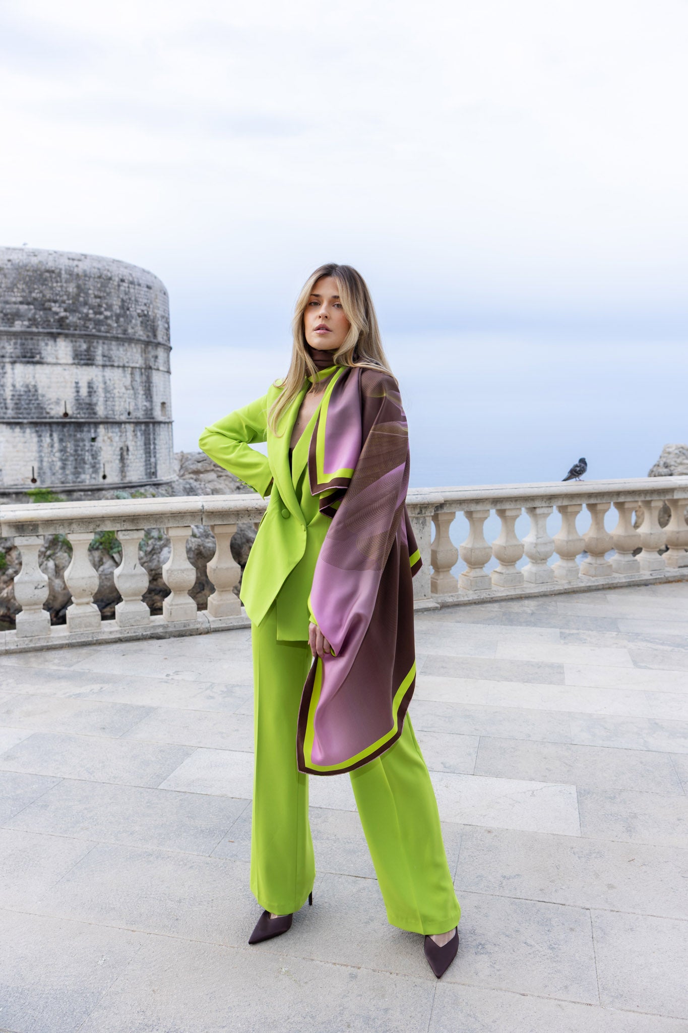 Lime Green Crepe Pleated Straight Leg Trousers