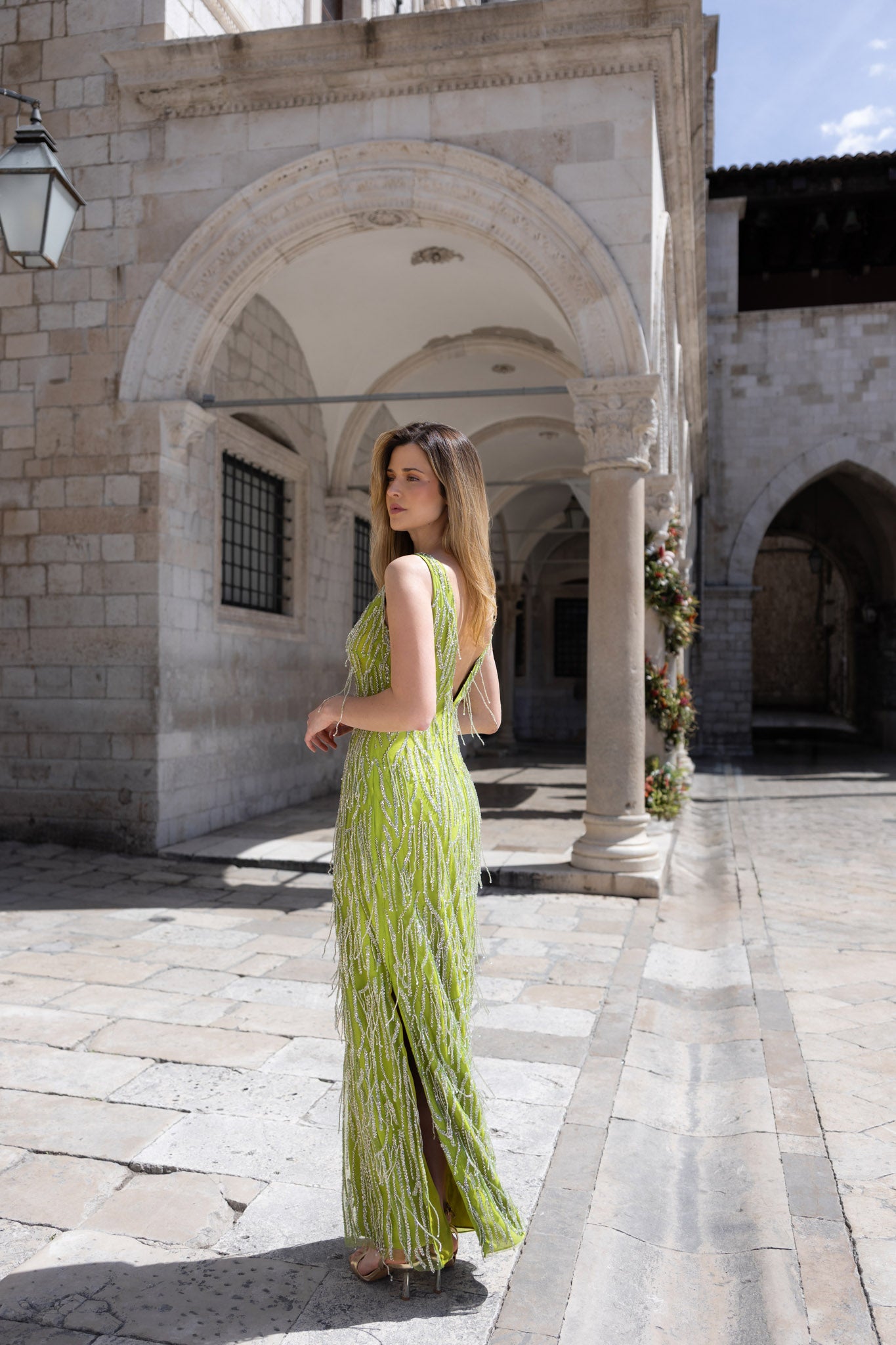 Lime Green Exclusive Lace Beaded Gown Dress