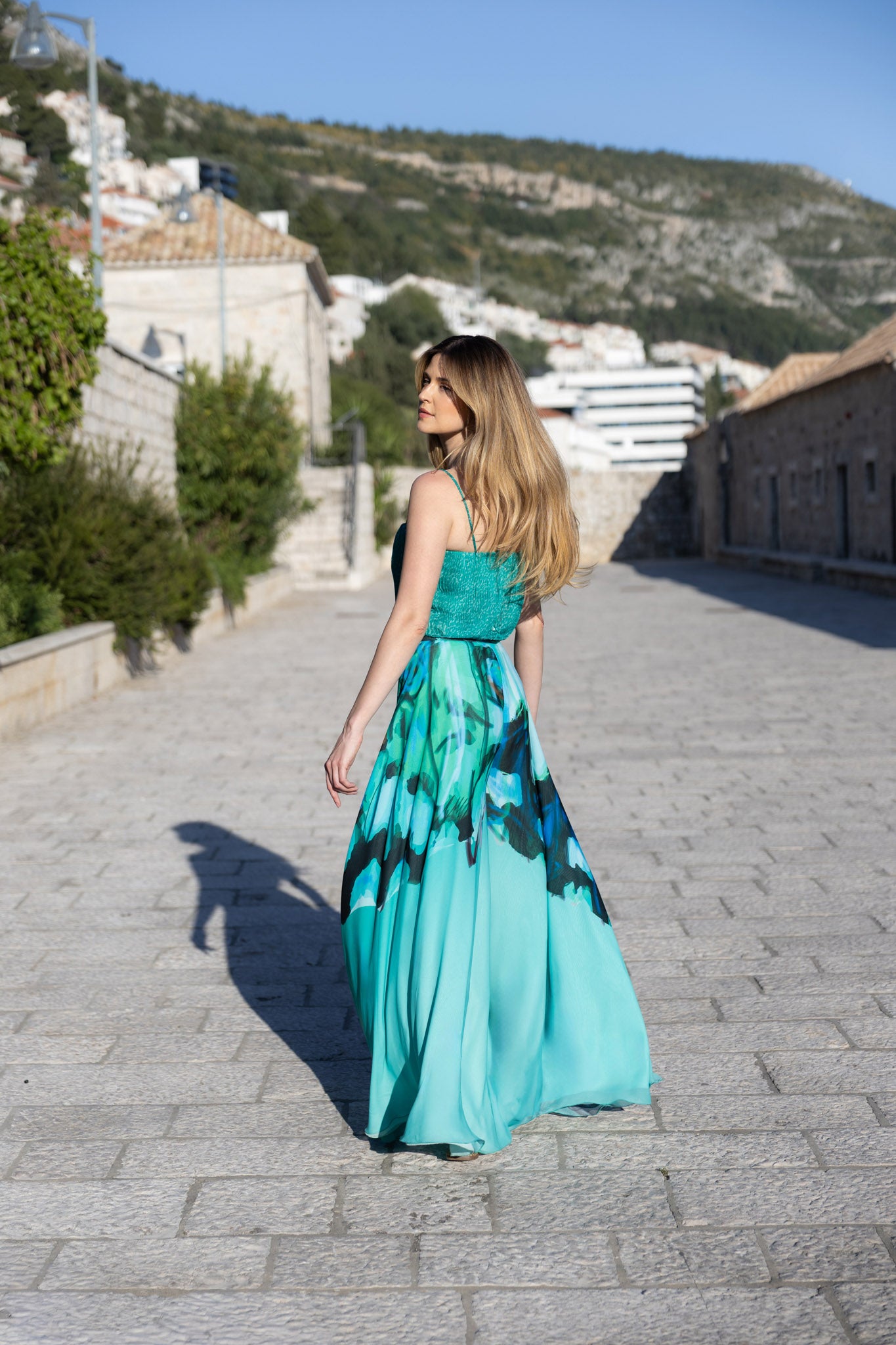 Mint Teal Degradé Pleated Chiffon Bosančica Sleeveless Turtleneck Chiffon Top