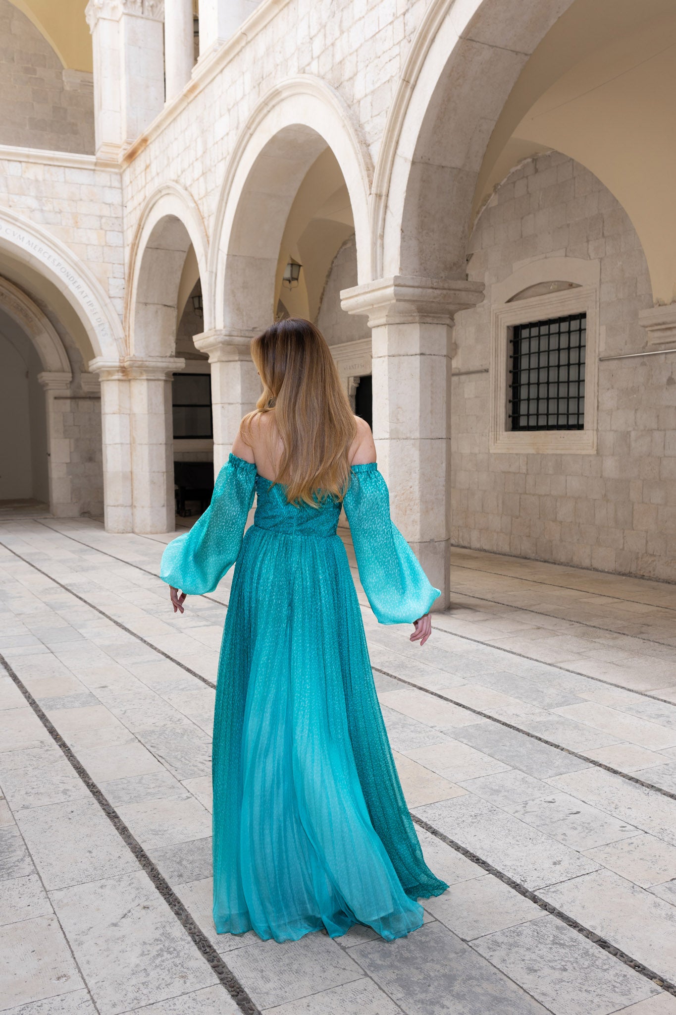 Mint Teal Degradé Pleated Chiffon Off-Shoulder Dress and Bosancica Pattern