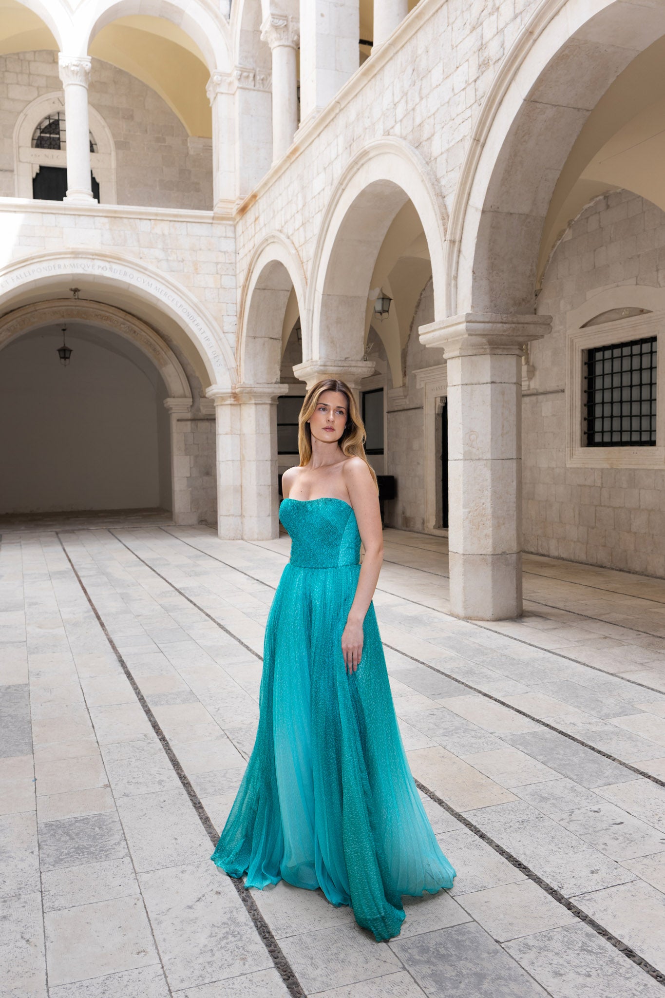 Mint Teal Degradé Pleated Chiffon Off-Shoulder Dress and Bosancica Pattern